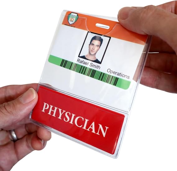 Specialist ID 5 Pack - Physician BadgeBottom - Horizontal Physician Badge Buddy & ID Holder Combo for Nurses - Heavy Duty 2 in 1 Card Holder Nursing Accessories - Double Sided Clear Sleeve