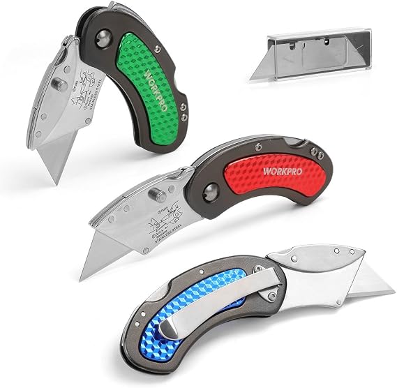 WORKPRO Folding Utility Knife Set | Quick Change Blade, Back-lock Mechanism 3-piece with 10-piece Extra Blades, for DIY, Home, Office & Artcraft Use