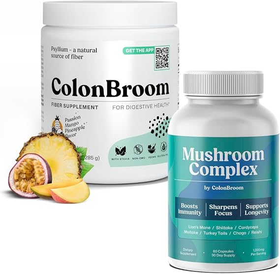 ColonBroom Psyllium Husk Powder (Tropical Fruits, 50 Servings) + Mushroom Complex, Powerful Mushroom Blend with Cordyceps, Reishi, Shiitake, Lions Mane Extract for Energy, Immunity (60 Capsules)