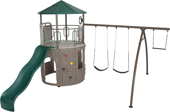 Lifetime Adventure Tower Swing Set Playset, Outdoor Clubhouse with Roof, 9ft Slide, Climbing Walls, Trapeze Bar & Swings, UVProtected HDPE & Steel, AllWeather Kids Playset
