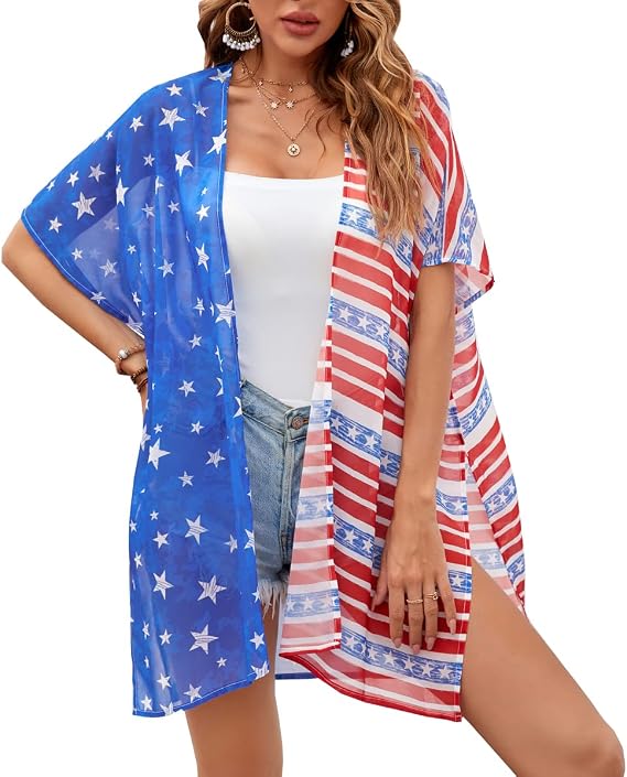 Women American Flag Kimono 4th of July Cover Up Lightweight Cardigan 4th of July Outfits for Women S-XXL