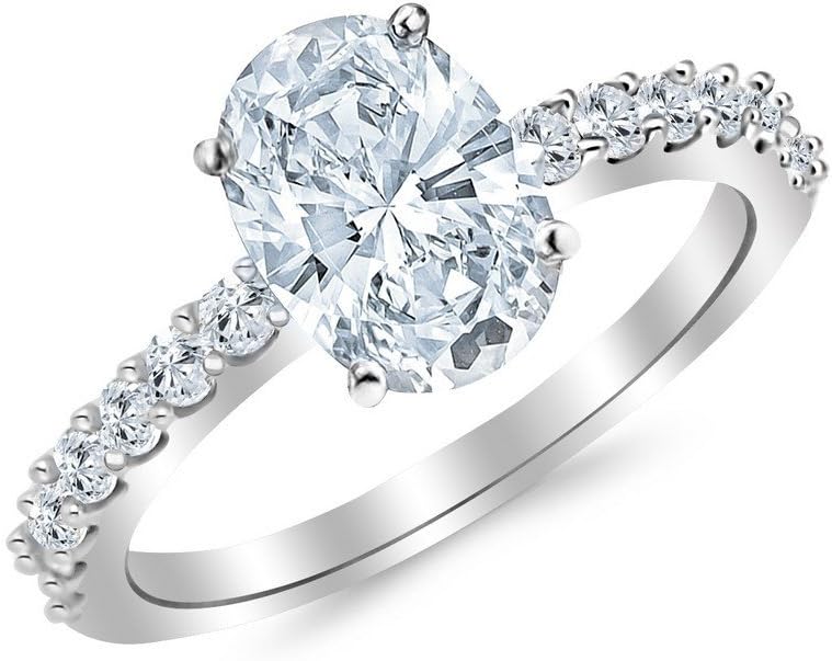 Houston Diamond District Pave Side Stone Oval Sparkling Wedding Bridal Ring | 1 to 6 Carat 14K White Gold Lab Grown IGI Certified Classic Prong Set (E-F Color VS2-SI1 Clarity)