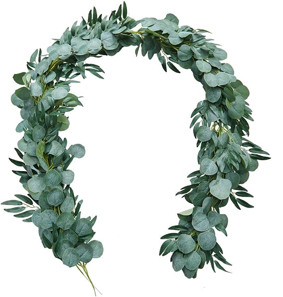 Aviviho Artificial Silver Dollar Eucalyptus Garland with Willow Leaves 1 Pack 6.2feet Greenery Garland for Wedding Backdrop Arch Doorways Wall Table Runner Decor