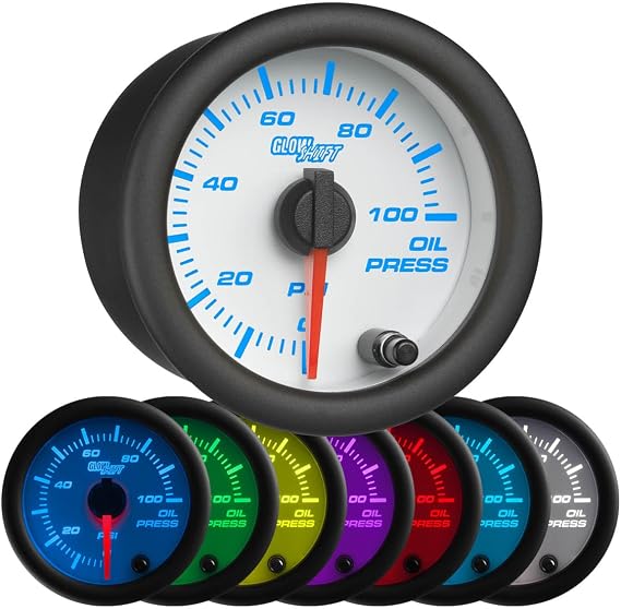 GlowShift White 7 Color 100 PSI Oil Pressure Gauge Kit, 2-1/16" 52mm