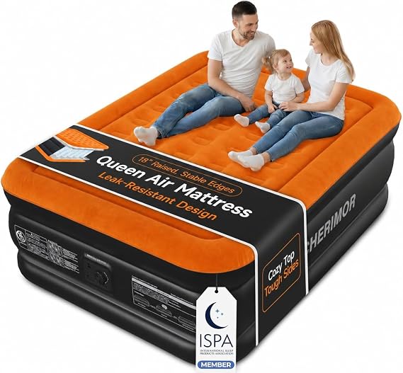 CHERIMOR Queen Air Mattress with Built-in Pump, 18" Raised 800 lbs Support | Stable Edge Design, 48-Hour Leak-Tested PVC, 3-Minute Fast Setup, Compact Fold Easy Storage, Durable for Home Guests & Travel