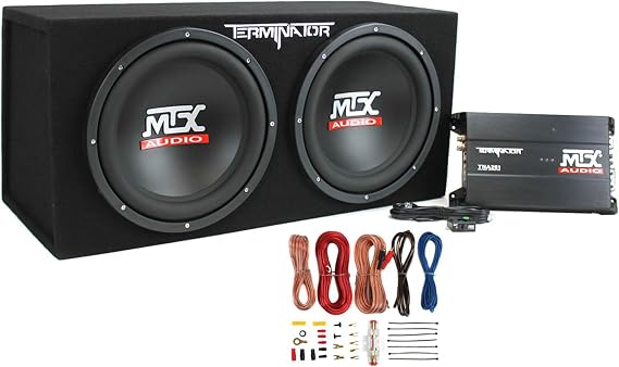 MTX 12" 400 Watt RMS Dual Loaded 1200 Watt Car Subwoofer Enclosure Audio with Sub Box, Mono Block & 8-Gauge Amplifier Complete Wiring Installation Kit
