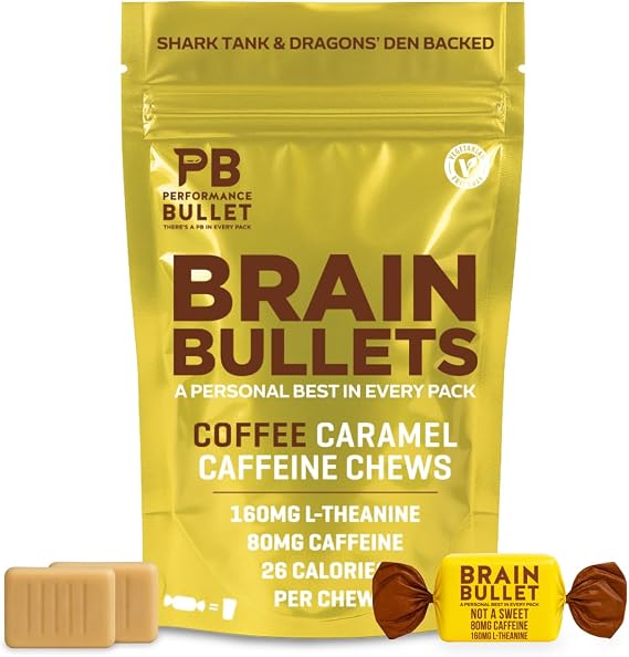 160mg L-Theanine + 80mg Caffeine Chews Coffee Caramel Flavour, Increases Productivity, Mental Clarity, Alertness | 1 Bag - 40 Servings | Brain Bullet | Energy Gum & Focus Gummy Upgrade