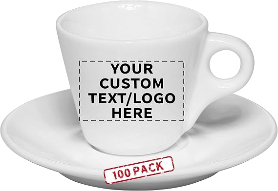 Custom Espresso Cups with Saucer 2.75 oz. Set of 100, Personalized Bulk Pack - Perfect for Espresso, Tea, Other Beverages - White