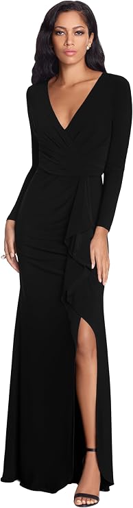 Betsy & Adam Womens Betsy & Adam Women's V-Neck Long Sleeve, Floor-Length Gown with Side Ruffle Detail and Slit