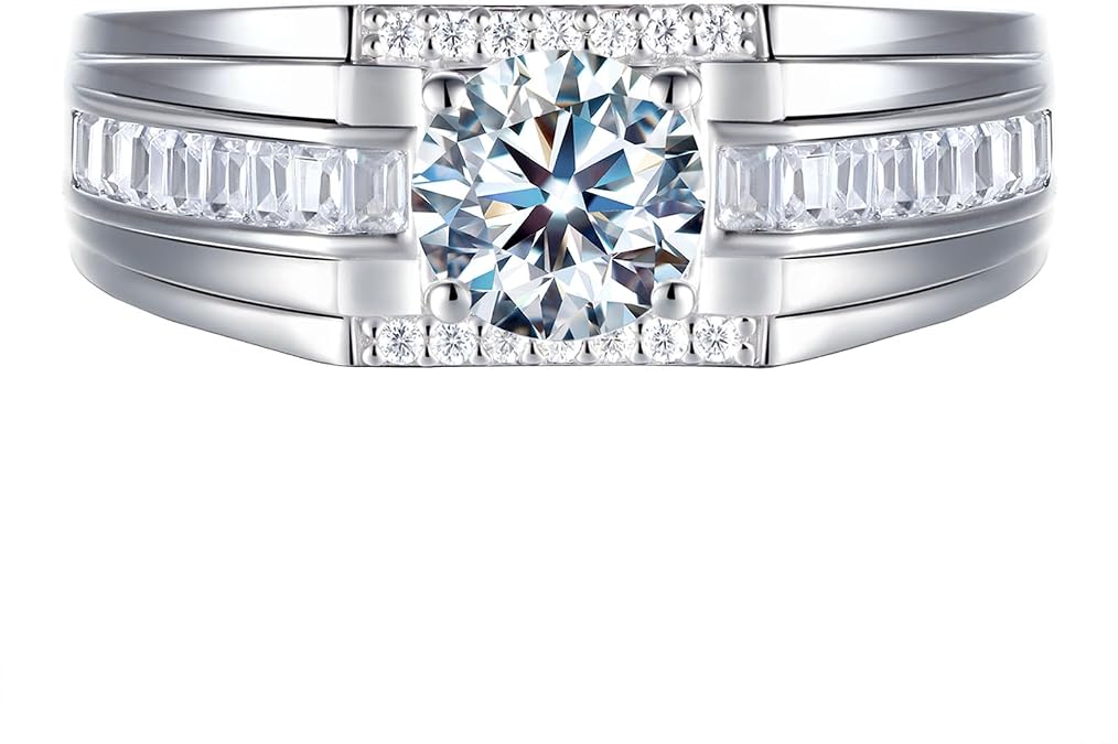 Mens Moissanite Wedding Ring Band Solitaire Stone 925 Sterling Silver Ring 2cttw D Color VVS1 Clarity Brilliant Round Cut Engagement Rings For Men Size 7-14