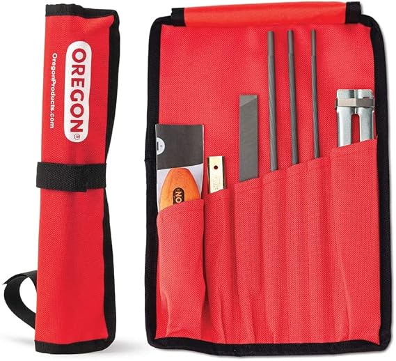 Oregon Universal chain saw area sharpening set includes – 5/32 inch, 3/16 inch and 7/32 inch round file, 15.2 cm flat file, handle, filing guide and travel bag (617067)