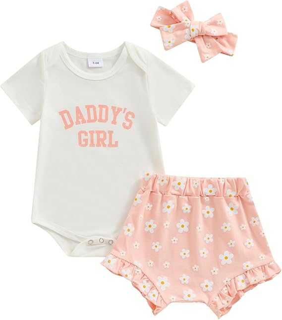 Bonangber Newborn Baby Girl Clothes Daddys Girl Short Sleeve Romper Floral Bloomer Shorts Set 3Pcs Infant Summer Outfits