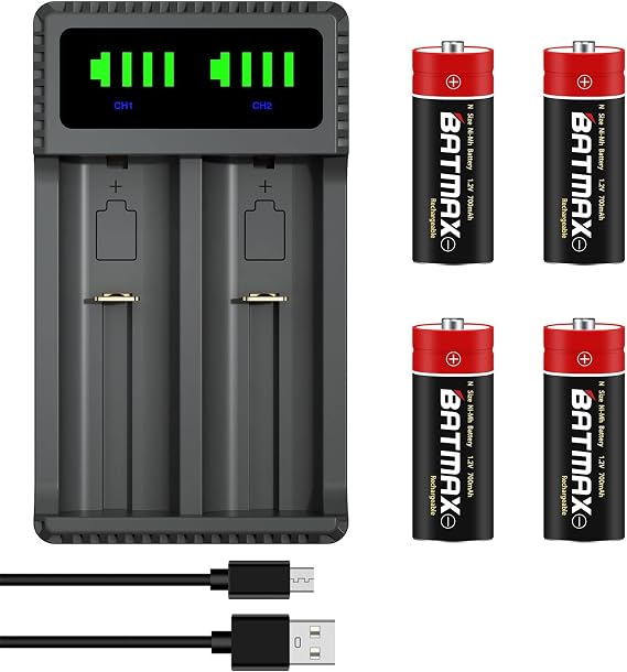 Batmax 4X N Size NiMH Battery and Dual USB Charger for N LR1 E90 MN9100 910A Batteries