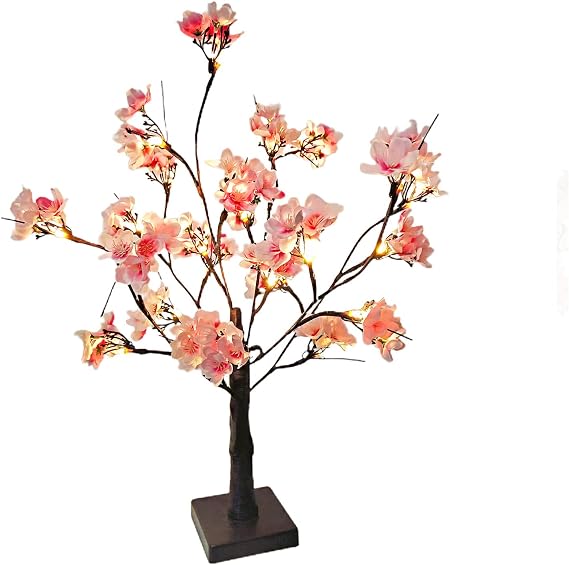 Lighted Cherry Blossom Tree, 21.7 Inch 24 LEDs Artificial Tabletop Cherry Blossom Bonsai Tree Lights, Battery Operated Fake Flower Tree Decor for Wedding Party Summer Christmas Decoration