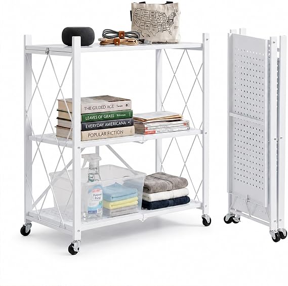 Folding Shelves on Wheels, No Assembly, Collapsible Metal Rack