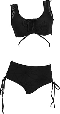 MEOWCOS Womens Bikini Sets Gothic Flocked Spider Web Two Piece Swimsuit Bathing Suit Black
