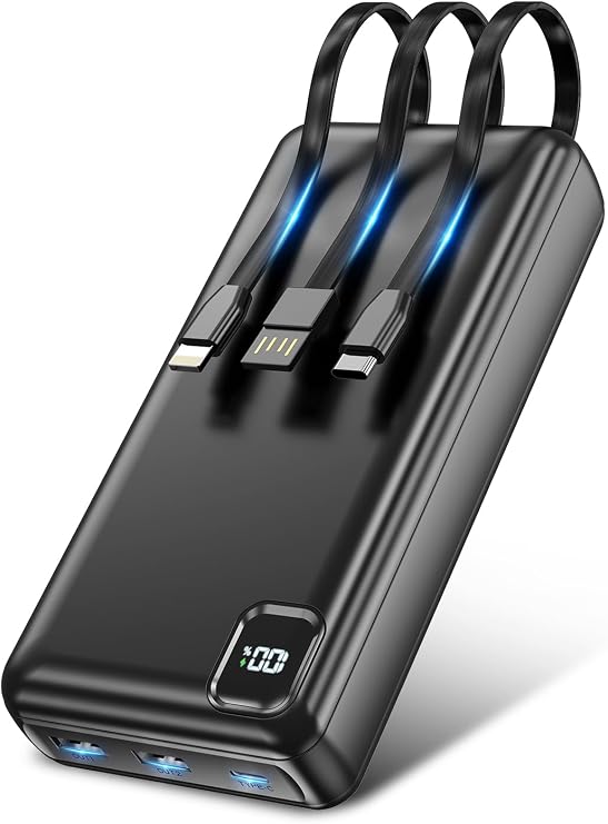 50000mAh Portable Charger, PD 22.5W Fast Charging Power Bank with Built in Cables, USB-C External Battery Pack for iPhone 17 16 15 14 Samsung Pixel Android iPad