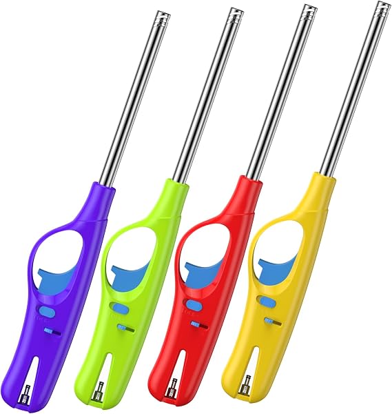 4 Packs Lighters, Candle Lighter Long Lighters Soft Flame, Refillable Butane Lighter with Long Stems and Adjustable Flame for Camping Fireplace Party BBQ Grill Grill Kitchen- NOT PREFILLED
