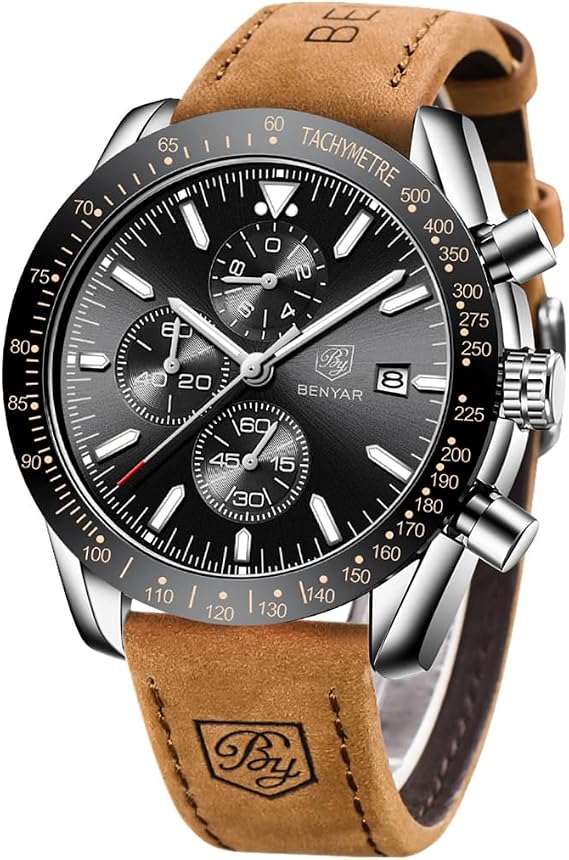 BENYAR Classic Fashion Quartz Chronograph Watch Casual Sport 30M Waterproof Leather Band Mens Watches