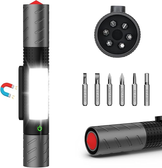 Bright LED Flashlight Rechargeable for Car, Camping & Emergency Use | Magnetic base, 120 adjustable COB work light, 7 modes, screwdriver & window breaker for hands-free repairs and emergencies.