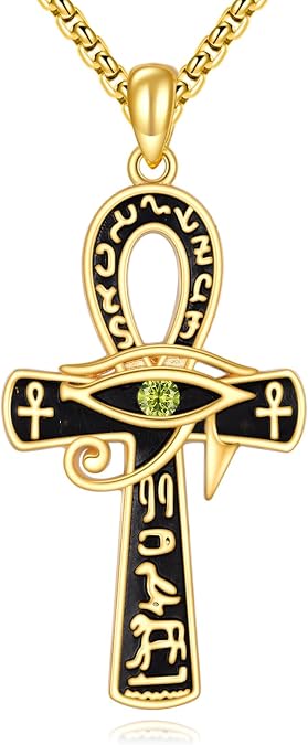 Ankh Necklace 925 Sterling Silver 18K Gold Plated Eye of Horus Pendant Egyptian Ankh Cross Jewelry Gift,Birthstone Christmas Jewelry for Men