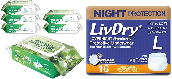 LivDry Overnight Large 16 Count Adult Incontinence Underwear and LivDry Adult Wet Wipes 240 Count Bundle