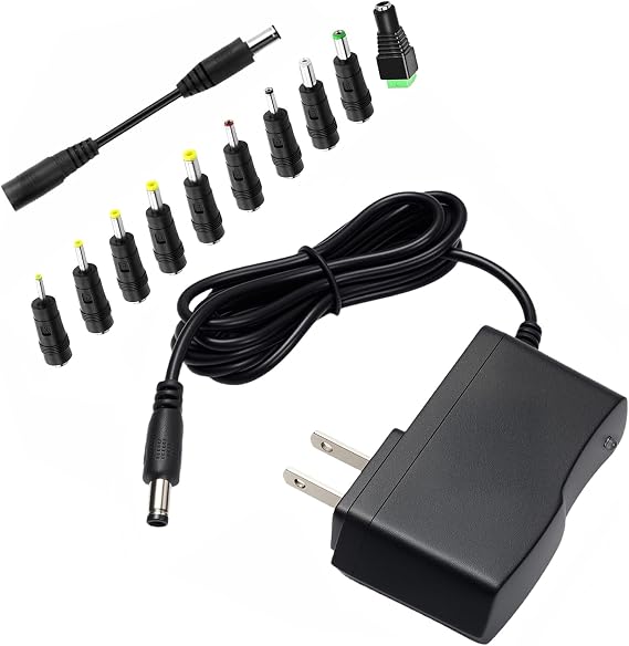 9V 1A DC Power Supply 9W AC Adapter DC 9V Power Cord | 9 Volt 1Amp Transformer ,100-240V 50-60Hz , 10 DC Tips ,5.5 x 2.1mm Reverse Polarity Converter Cable Center Negative