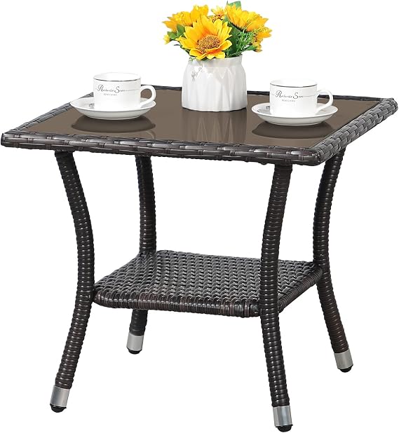 Patiorama Outdoor Wicker Patio Side Table, Weather Resistant Rattan Coffee Table, Square End Table, Aluminum Frame, Espresso Brown | All Weather Resistant PE Rattan Square End Table, Aluminum Frame, Espresso Brown for Patio, Garden, Backyard, Poolside
