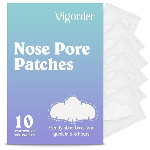 Vigorder Nose Pore Patches, Hydrocolloid Nose Patches, Targets Pimple, Pores & Oil, Acne Strips to Absorb Acne Gunk Overnight (10 Pack) 