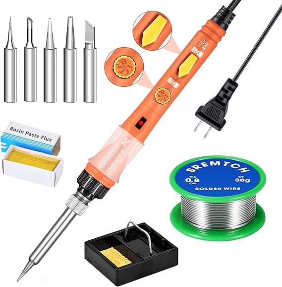 Soldering Iron, SREMTCH 60W Soldering Irons Kit with Adjustable Temperature knob (392-842F), Welding Tools with 5 Soldering Iron Tips, 30g Solder Wire, Soldering Iron Stand for Welding and Repairing