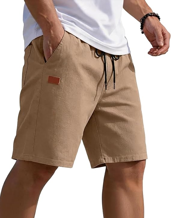 Poplee Men's Casual Shorts Cotton Stretch Chino Twill Drawstring 7" Pockets