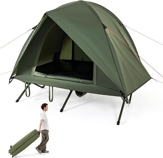 Tangkula 2 Person Portable Elevated Camping Tent w/Cot & Wheeled Bag | Removable Rainfly, Stakes & Wind Ropes | Waterproof | Breathable Windows & Door | For Outdoor Camping Hiking Picnic Travel