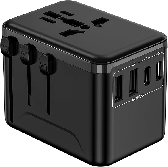 CC Store Universal Travel Adapter with 3 USB-C& 2 USB-A Ports 17.5W Black | European Travel Plug Adapter with 2 USB-C& 2 USB-A Ports(Not a Voltage Converter) for USA, UK, EU, AU & 224+ Countrie