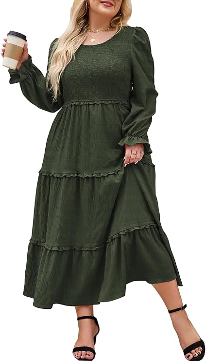 Hanna Nikole Womens Plus Size Fall Long Sleeve Maxi Dress Crewneck Smocked Tiered Ruffle Flowy Long Dresses with Pockets