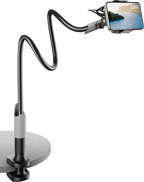 SAIJI Gooseneck Bed Phone Holder, Flexible Long Arm Phone Mount for Desk, Clip Bracket Clamp Stand, iPhone Stand, Mobile Cell Phone Stand Document Camera Nintendo Switch Black