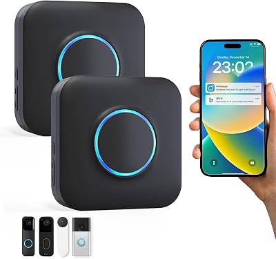 Smart WiFi Wireless Doorbell Chime for Google Nest, Ring, Blink App-Connected with 58 Music, 5 Adjustable Volume & LED Light, No Wiring Required 2pack, Black
