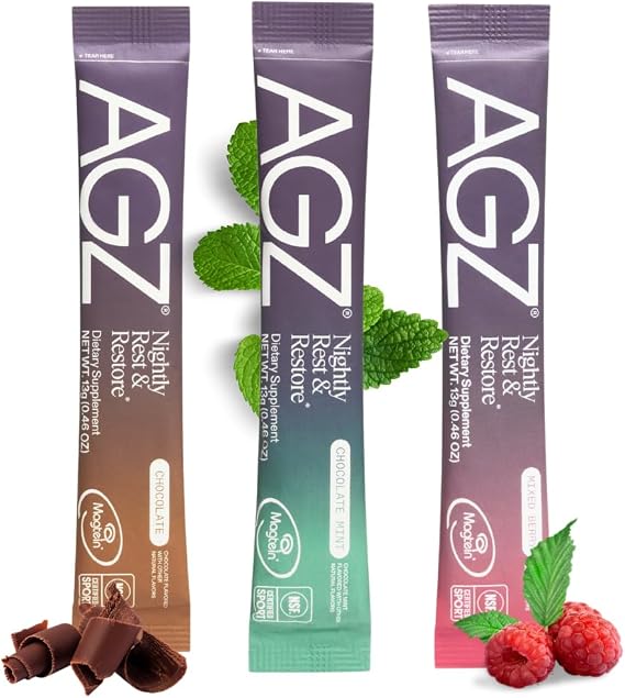 AGZ Sleep Drink Sampler AG1 Melatonin-Free Nighttime Blend with Magnesium, Ashwagandha, Saffron & Valerian Herbal & Adaptogen Sleep Supplement 3-Serving Flavor Pack