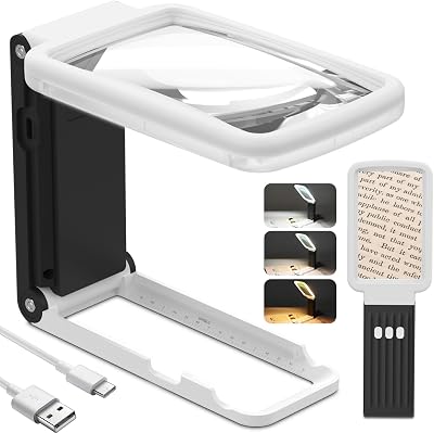 15X Magnifying Glass with Light and Stand, Real Glass Lens, Rechargeable Foldable Handheld Magnifier, 3 Color Modes Dimmable Lighted Page Magnifier for Reading Fine Prints, Low Vision Seniors