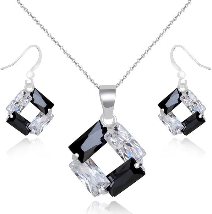 Zirconia Crystals Rhombus Jewelry Set Pendant Necklace Earrings 18K White Gold Plated Jewelry Set for Women