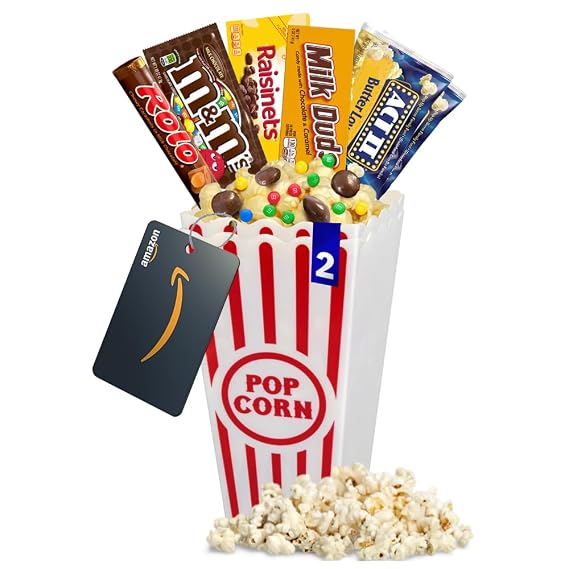 Movie Night Popcorn and Candy Gift Basket Plus 1 Movie Night Rentals - Perfect for a Cozy and Fun Evening at Home or the Theater with Family and Friends (Pack Of 1, Chocolate)