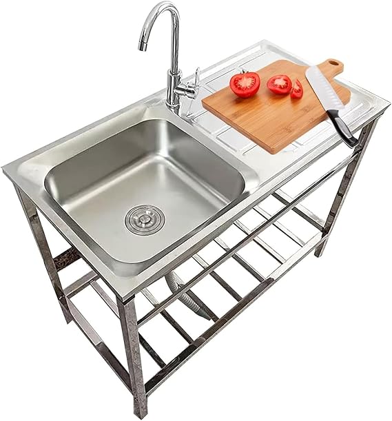 Freestanding Kitchen Utility Sink - Stainless Steel Single Bowl Sinks for Indoor Outdoor, Laundry Washing Hand Basin w/Workbench & Faucet, Heavy Duty Laundry Tub for Backyard Garage Portable Handwashi