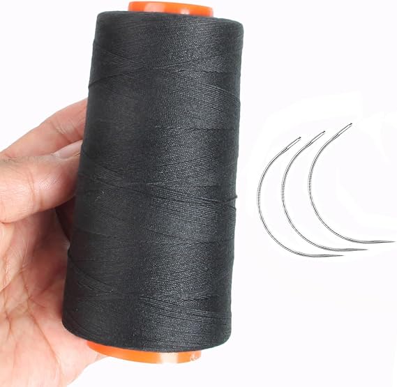 Polyester Thread All Purpose Black Weaving Thread | Sewing Thread with 3 Pcs Curved Needles for Wig Making Hair Extensions DIY Craft