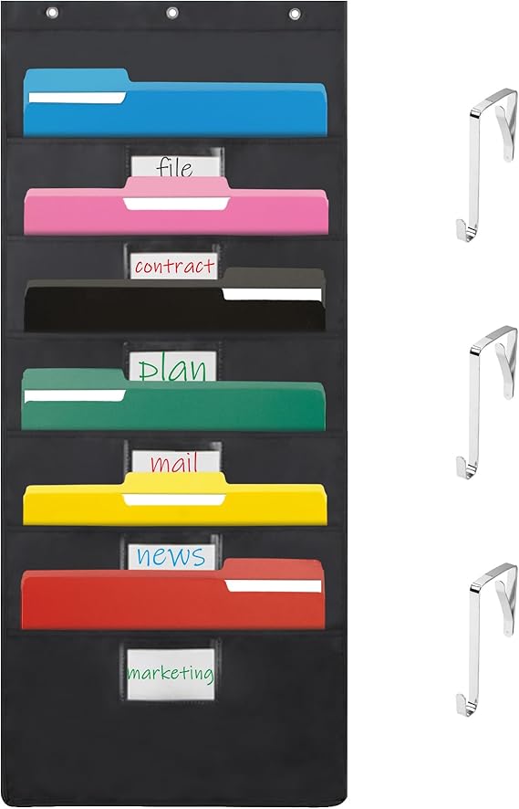 VZCPYTPM Black 6-Pocket Hanging Wall File Organizer, Pocket Chart for Classroom, Office, Home
