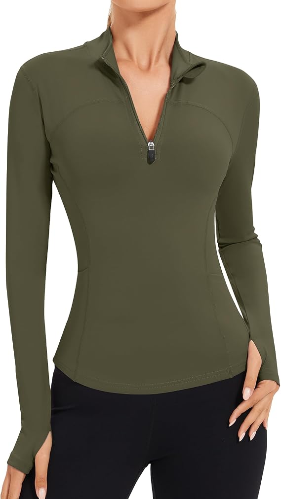 AKEWEI Womens Long Sleeve Workout Tops Quarter Zip Pullover Quick Dry Crop Athletic Slim Fit Yoga Shirts