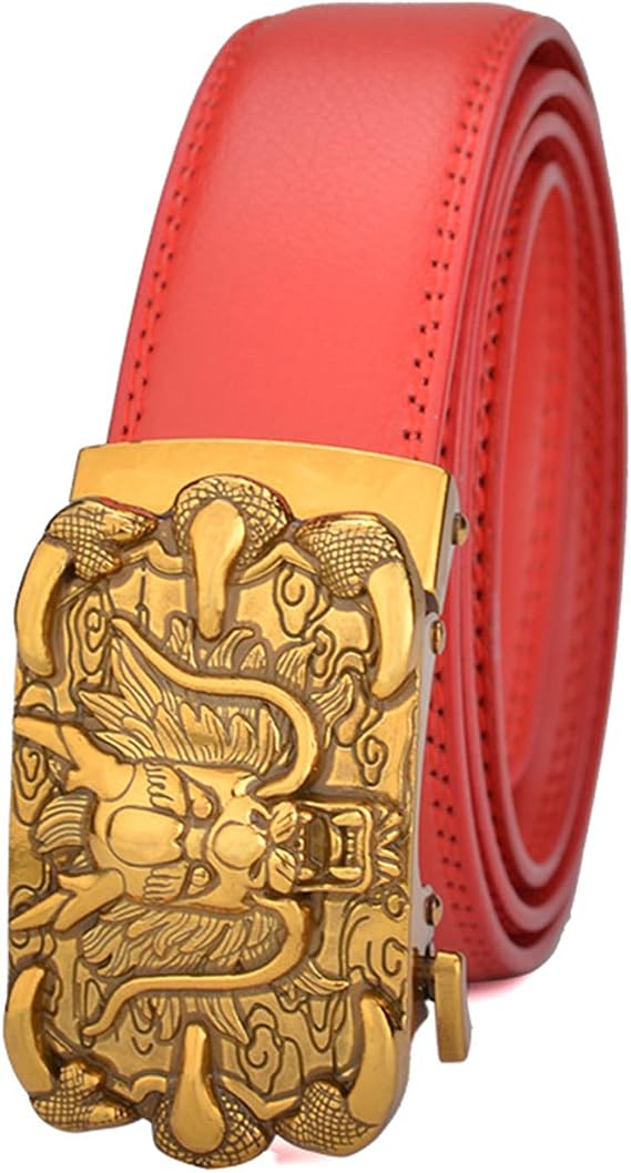 Ratchet Belts for Men and Women with Engraved Automatic 3D Dragon Head and Claws Buckle Waist Belt Leather for Jeans(125cm/waist:43", Red)