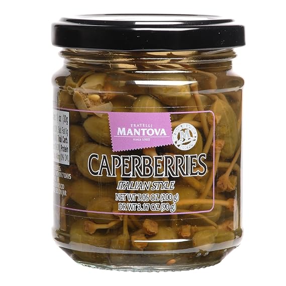 Mantova Caperberries in a Vinegar Mild Brine, 7.05 oz. (Pack of 2), Product of Italy, All-Natural, Caper Bush Fruit, Non-GMO, Gluten-Free, Cholesterol-Free, Vegan-Friendly, Paleo-Friendly