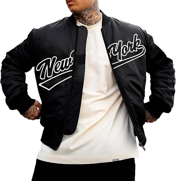 Men's Letter Printed Zipper Baseball Collar Bomber Jacket