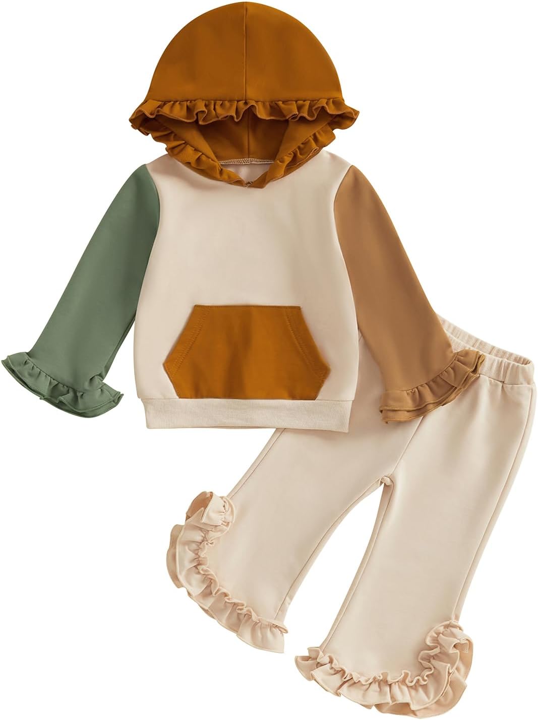 BemeyourBBs Little Toddler Girl Outfit Ruffle Color Block Hoodie Sweatshirt Pants Set Fall Winter Spring Cute Girl Clothes