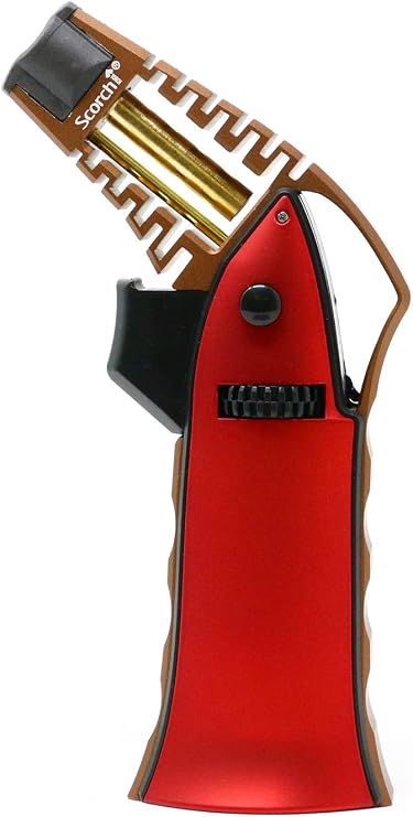 CNC Machined 6.75" Tall Handheld Aluminum Flame Adjustable Butane Refillable Torch In Gift Box (Red #1)