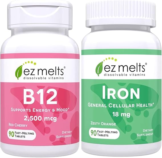 EZ Melts B12 Sublingual Vitamin and Iron Supplement Bundle, Sugar Free, 3-Month Supply